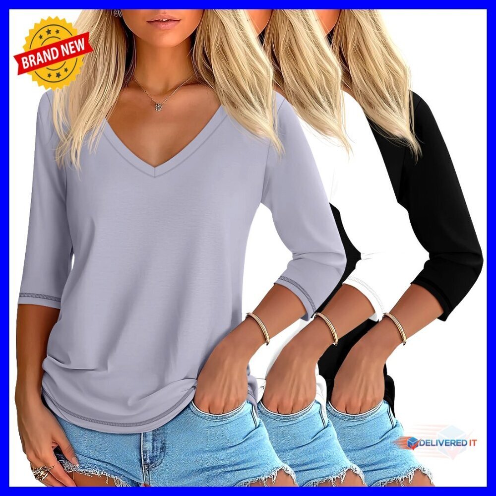 Women's 3/4 Sleeve V-Neck Tops Loose Fit Casual Tees Chic Minimal Fashion